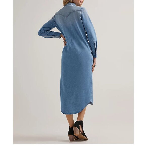Wrangler Retro NWT Long Sleeve Denim Shirt Dress Midi Pearl Snap Western - Picture 4 of 5